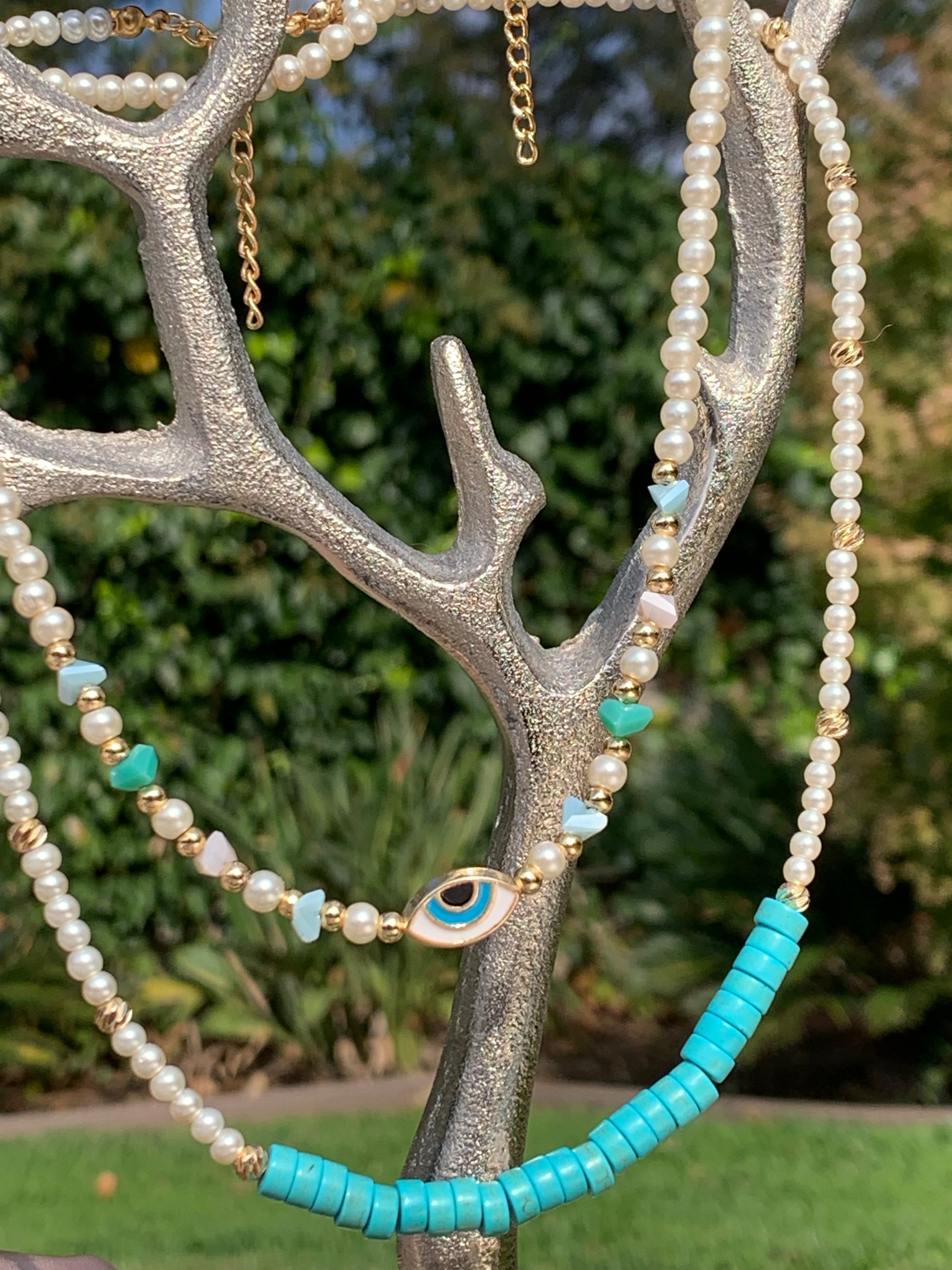 Pearled evil eye necklace - set of 2
